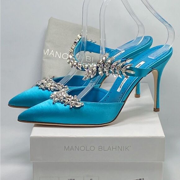 Manolo Blahnik Lurum 90 Embellished Satin Mules size 40 - Picture 10 of 12